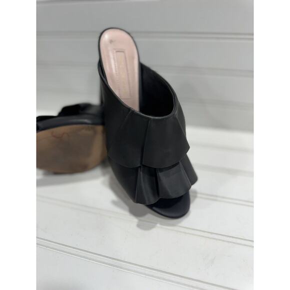 Avec Les Filles Black Ruffle Leather Peep Toe Heeled Mules Size 7.5 - Picture 2 of 7